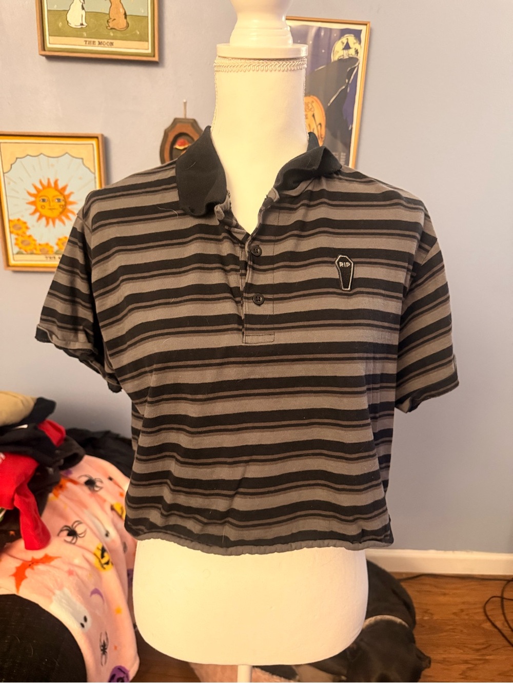Hot Topic Black and Gray Striped Polo Henley